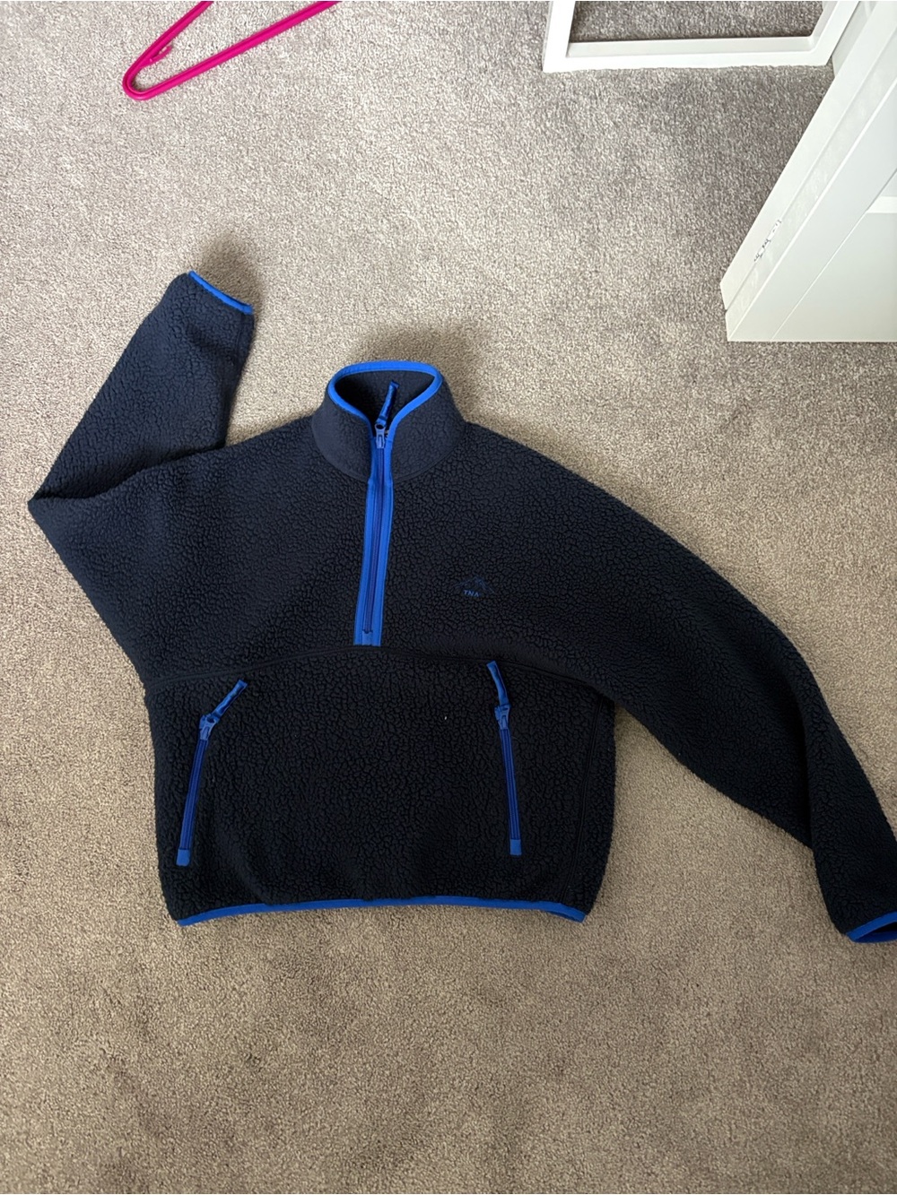 Aritzia Black Half-Zip Sherpa Sweater with Blue Trim